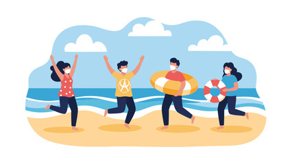 Obraz premium Group of friends wearing protective face masks while having fun and dancing on a sunny beach near the blue ocean waves.