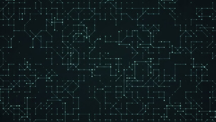 Obraz premium A dark background with a complex network of glowing blue lines and dots forming a futuristic and technological abstract pattern.