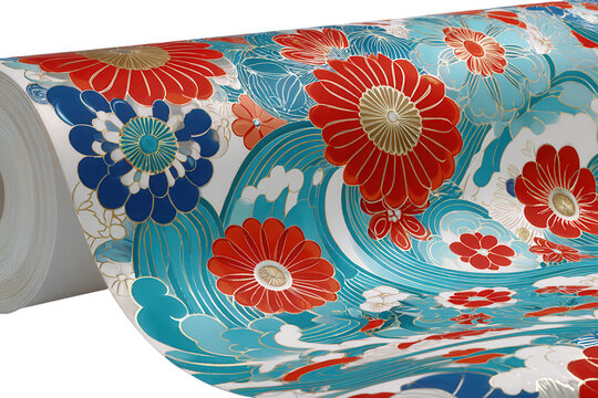 Elegante rotolo di tessuto o carta con vivaci motivi floreali rossi e onde blu in stile giapponese tradizionale.