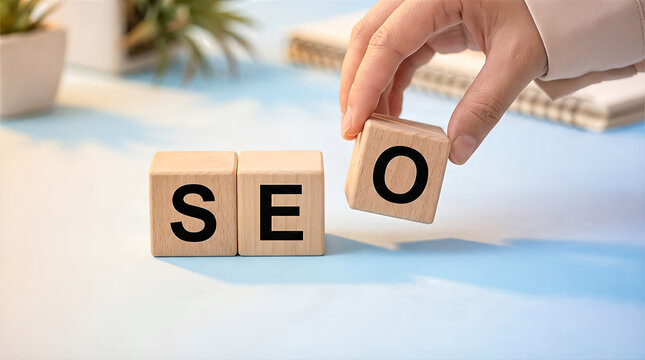 Hand placing a wooden block with the letter o to complete the word seo on a light blue desk surface