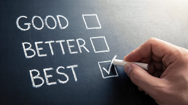 Hand holding a piece of chalk and checking the box next to the word best on a blackboard