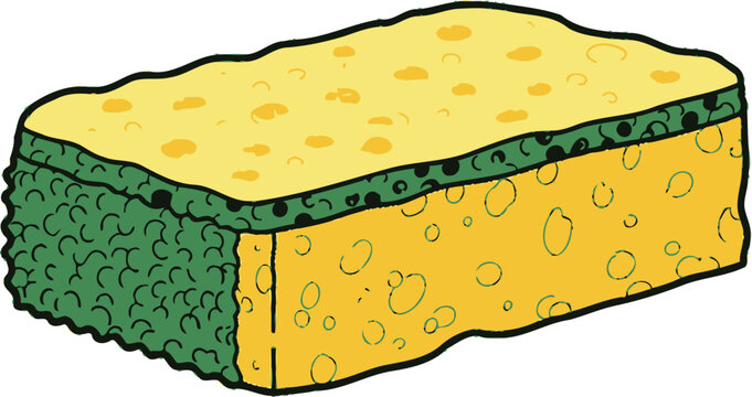 A dual-sided cleaning sponge with abrasive green and soft yellow sides.
