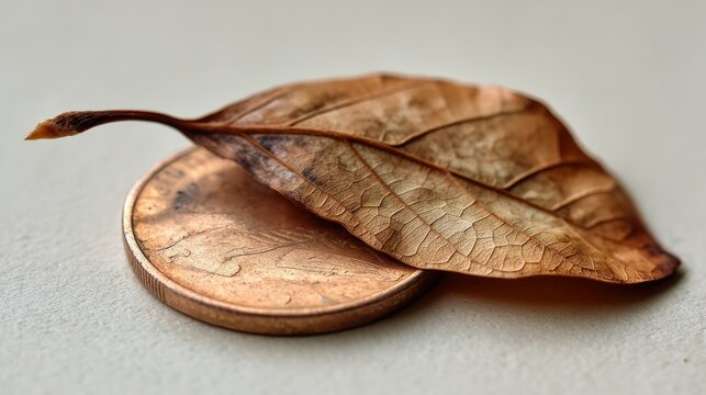 Dry brown leaf resting on top of a copper coin. Symbol of changing seasons in personal finance and seasonal budgeting. Economic cycle and financial transition concept for banking industry.