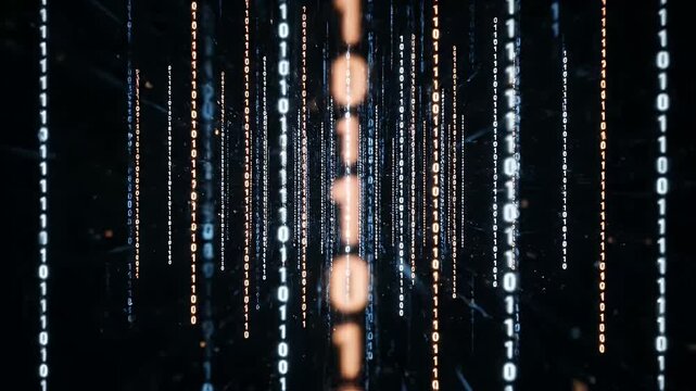 Vertical streams of glowing binary code, comprised of zeroes and ones in white and orange hues, cascade downwards on a dark background.