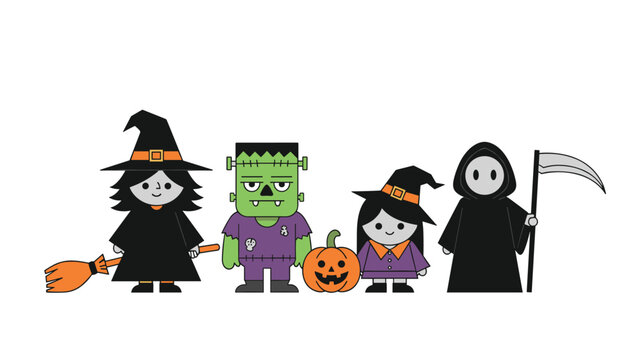 Group of classic Halloween characters including a witch, Frankenstein, and the Grim Reaper standing on a white background.