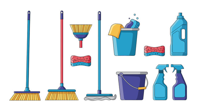 Comprehensive collection of house cleaning supplies including brooms mops buckets sponges and various detergent spray bottles.