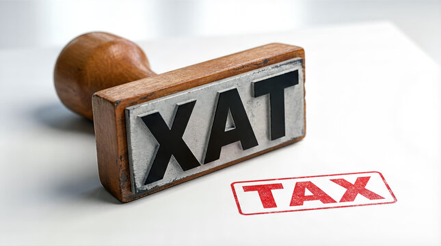 Wooden rubber stamp with the letters xat and a red ink stamp with the word tax on a white background