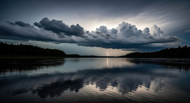 A lightning strike over a calm lake with dark storm clouds.