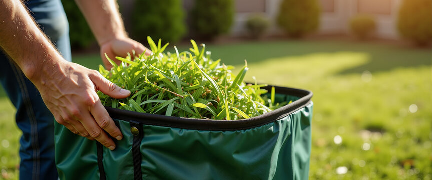Man collecting grass clippings in green bag while standing on lawn  