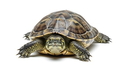Obraz premium A turtle is looking directly at the camera with its legs outstretched and shell prominently displayed.