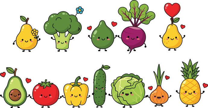 Kawaii Fruit and Vegetable Character Collection with Cute Smiling Faces and Hearts for Healthy Eating Awareness, Kids Education, and Vegan Food Design