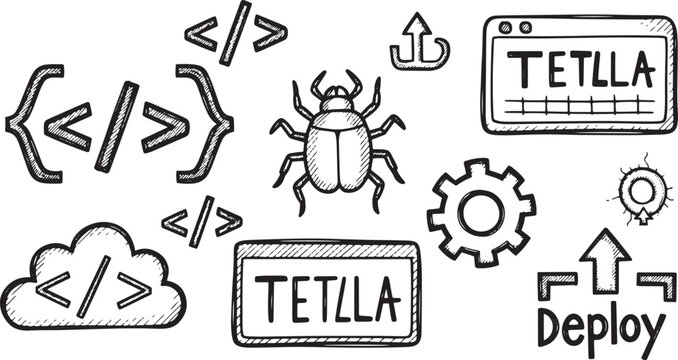 Drawn coding symbols bug computer window gears cloud deploy technology concept