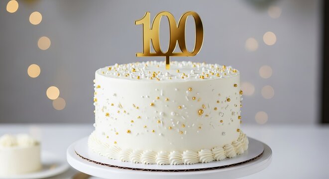 Elegant 100th Birthday Cake with White Frosting and Gold Number Topper