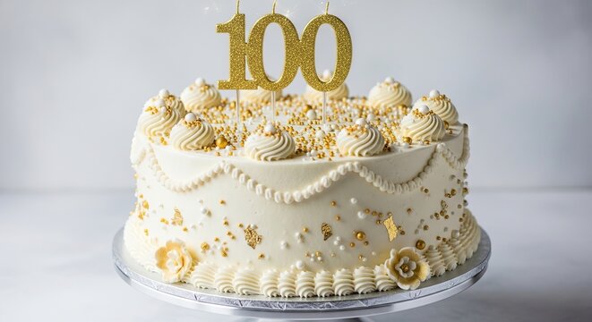 Elegant 100th Birthday Cake with White Frosting and Gold Number Topper