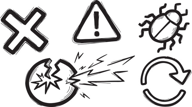 Error and system warning icons set with crash symbol warning sign bug and retry arrow in sketch style