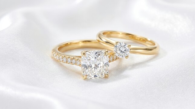 Elegant Gold Wedding and Engagement Rings Displaying Sparkling Diamonds on Satin Fabric