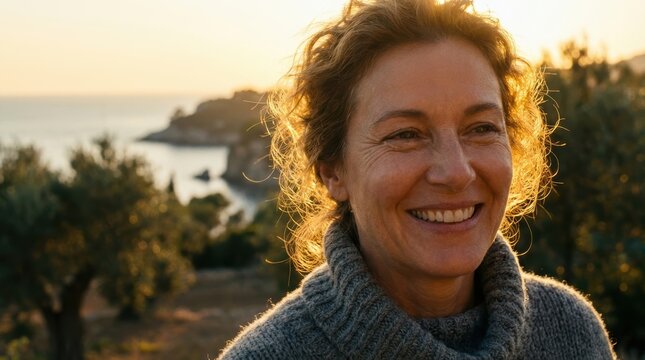Smiling Woman in Sweater at Sunset Overlooking the Ocean with Lush Landscape in Background