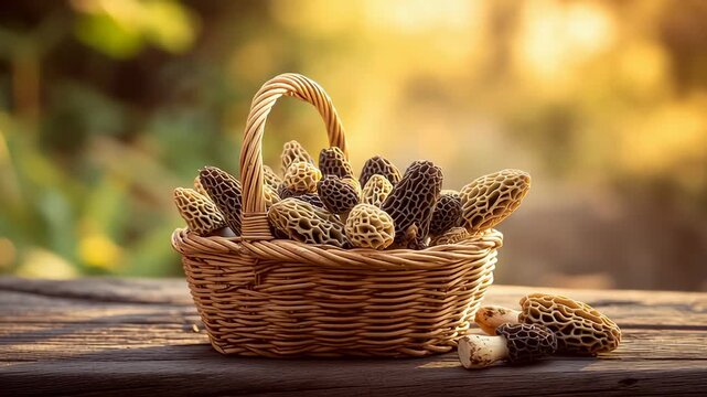 Basket of fresh morel mushrooms on wooden table in warm sunlight creating rustic forest harvest and gourmet food concept