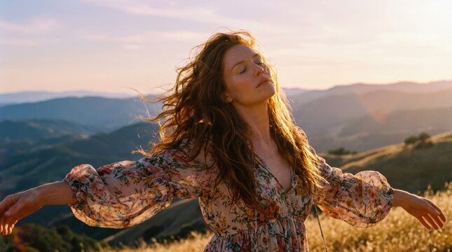 Woman With Flowing Hair Embracing The Sunset In A Scenic Mountain Field