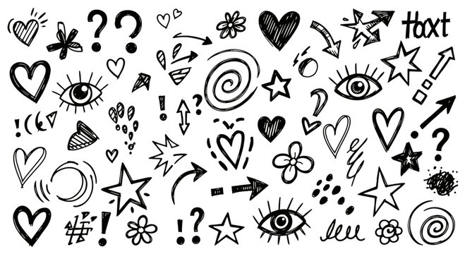 Hand drawn doodle elements set with hearts stars and arrows.