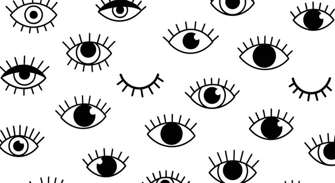 Hand drawn doodle eyes with eyelashes seamless pattern.