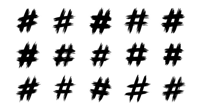 Hand drawn hashtag symbols set grunge style.