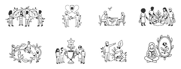 Obraz premium Eco Friendly Business And Sustainability Line Illustration Set. illustrations depicting people engaged in eco activities