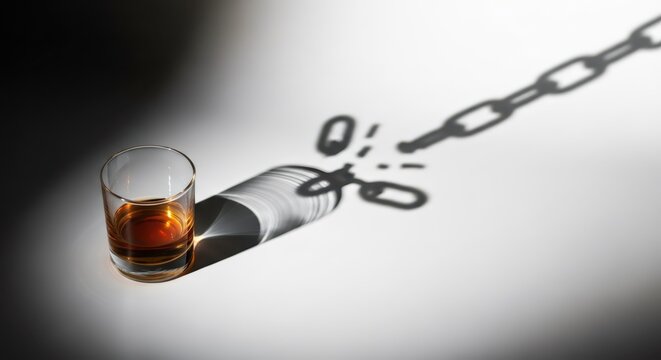 Glass with liquor casting shadow of broken chain on surface. Conceptual image about overcoming alcohol addiction. Symbol of freedom from substance abuse and breaking bad dependence habit.
