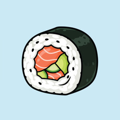 This vector illustration features a delicious-looking maki sushi roll with fresh salmon, avocado, and rice, all wrapped in a dark seaweed layer. © Ahmad