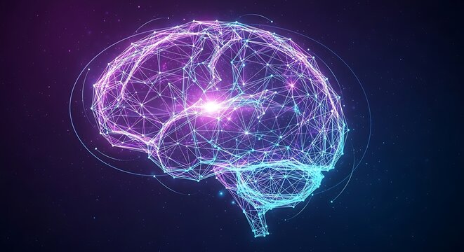3D digital brain neural network glowing with purple and blue neon lights on dark background