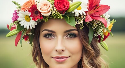 Naklejka premium Beautiful Young Woman Wearing Colorful Floral Crown Wreath in Nature.
