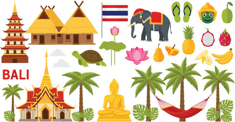 Bali and Thailand Travel Vector Collection Featuring Traditional Temples, Buddha Statue, Tropical Fruits, Elephant, Palm Trees, and Southeast Asian Cultural Symbols for Tourism Designs