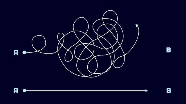 Concept of problem solving showing transition from chaotic tangled line to straight clear path.