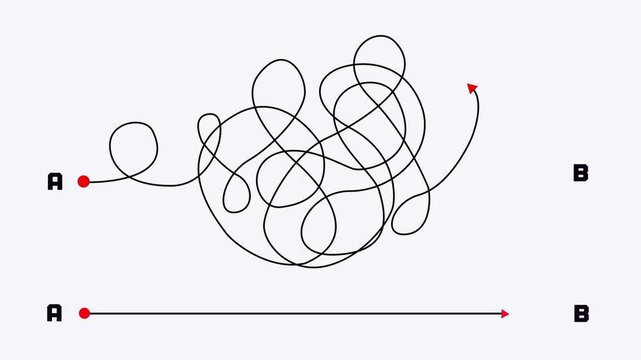 Concept of problem solving showing transition from chaotic tangled line to straight clear path.