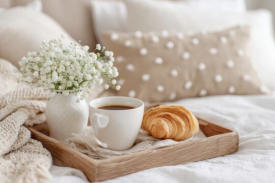 Mother's Day breakfast in bed featuring a wooden tray with a ceramic mug of coffee, a fresh croissant, and a vase of white ranunculus.
