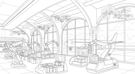 Fototapeta premium A detailed illustration of a spacious gym interior with various exercise equipment and large windows allowing natural light to pour in, showcasing fitness machines and workout spaces.