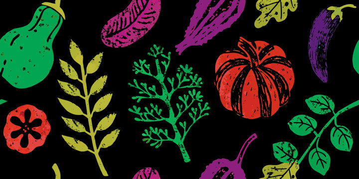 Colorful botanical illustration featuring various fruits vegetables and foliage