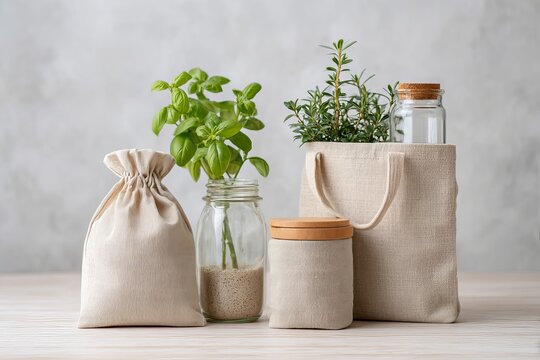 Eco-friendly shopping bag mockup and sustainable home organization still life.