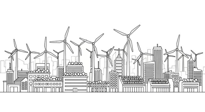 A futuristic cityscape with wind turbines standing tall amidst sleek skyscrapers and modern industrial buildings under a clear sky with visible infrastructure