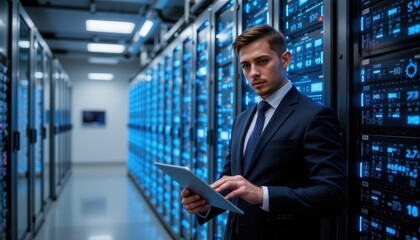 Fototapeta premium Professional Man in Suit Using Tablet in High-Tech Data Center with Glowing Server Racks