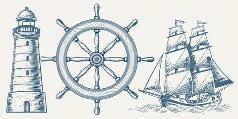 Vintage nautical illustration featuring a lighthouse ship s wheel and sailing ship © Rathindranath