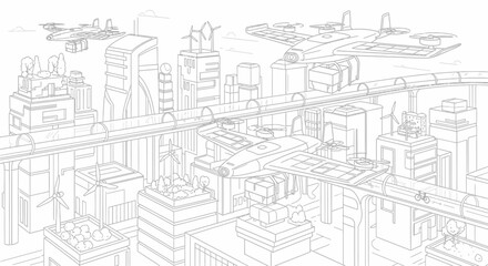 Obraz premium A futuristic cityscape unfolds with sleek skyscrapers and flying vehicles soaring overhead in a technological landscape