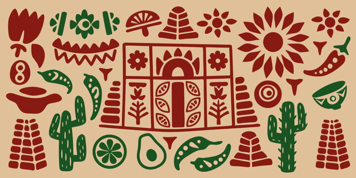 A vibrant stylized pattern featuring southwestern and botanical motifs