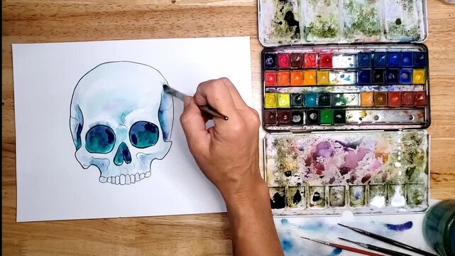 Watercolor Skull with no mandible Painting Timelapse Blue Tones Overhead