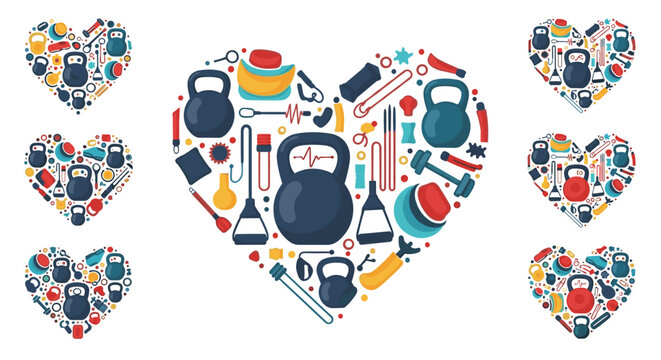 Large heart shape composed of various fitness and gym equipment icons in blue, red, and yellow highlights a passion for health, exercise, and bodybuilding.