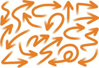 Obraz premium Set of orange hand drawn brush stroke arrows in various shapes
