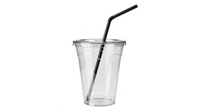 Empty clear plastic disposable cup with a black straw isolated on a plain white background