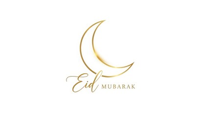 Fototapeta premium Golden Crescent Moon and Eid Mubarak Text, Elegant and Festive, Gold on White Background, Clean Vector Graphic for Islamic Holiday Greeting Card.