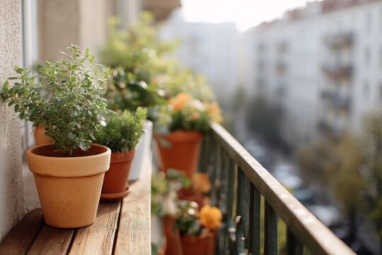 Urban balcony garden with potted plants and soft morning light.
