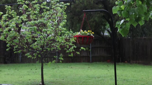 4K video clip of rainy residential backyard storm hanging basket blowing in the wind unedited raw footage